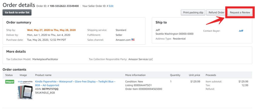 Order details request a review button
